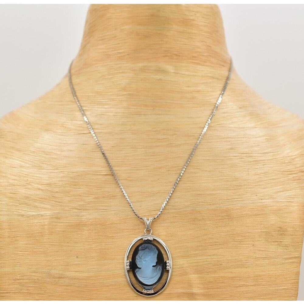 Vintage Cameo Pendant Necklace Blue Glass Frosted Silver Tone Shiny 1980s BinA17